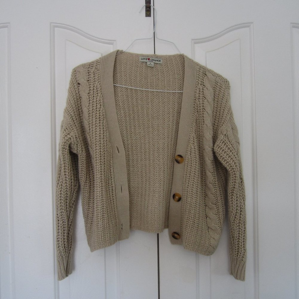Cottage Croppe Beige Waffle Knit Chunky Cardigan Grandma Grandpa Cottagelore